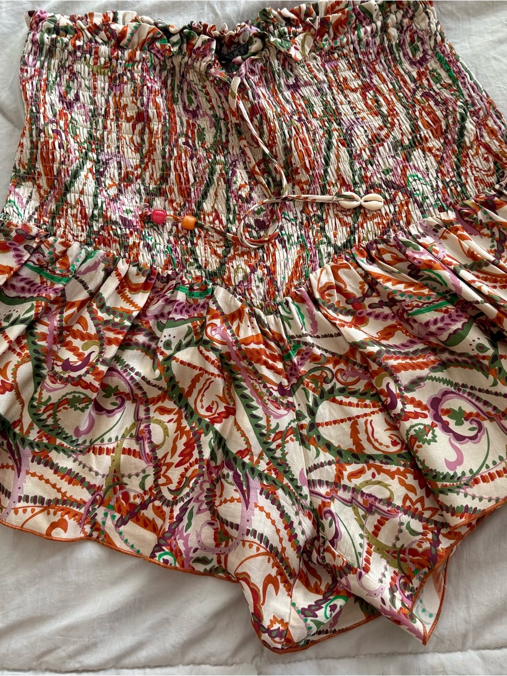 Zara Smocked Waist Printed Skort in Cream with Orange and Green
